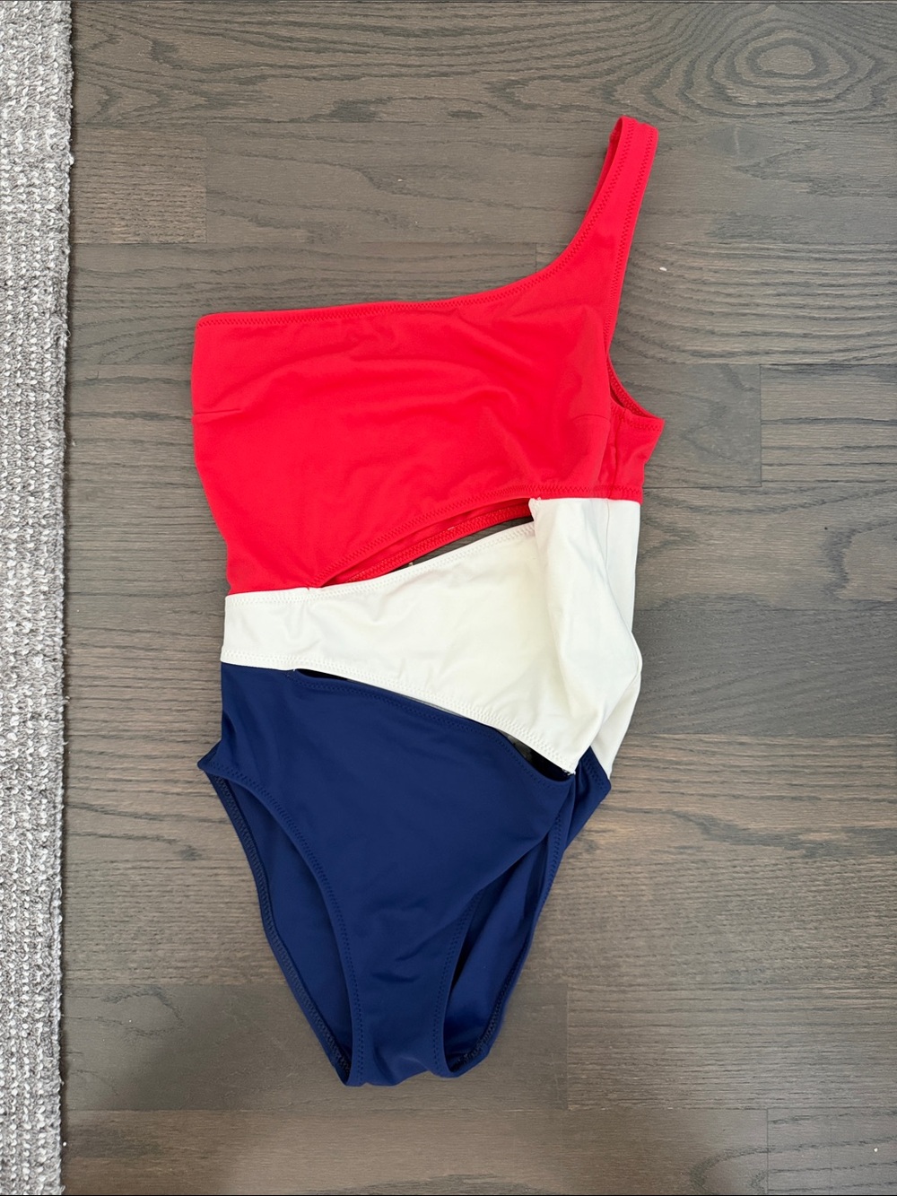 Solid and striped One-Shoulder Colorblock Swimsuit in Red, White & Navy